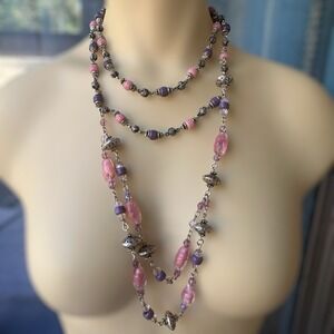 VTG Artisan Bead Necklace 28 Inch Pink  Art Glass Multi Strand 925‎ Sterling